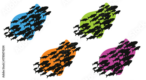 Colorful turtle shapes comprised of many small fish silhouettes design