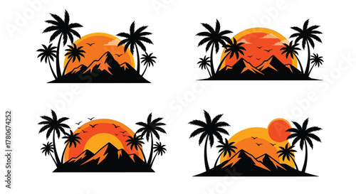 Tropical sunset silhouettes featuring palm trees and mountainous landscapes displayed twice