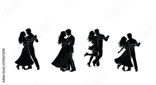 Silhouettes of couples dancing displaying elegant movement and romantic connection