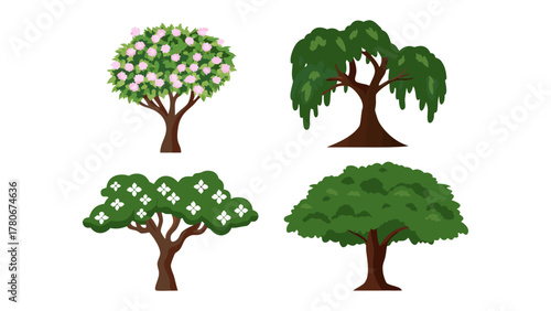 Tree Varieties: An illustration showcases a collection of diverse trees, each representing a unique species and characterized by its distinct foliage and form.