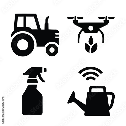 Modern agriculture technology icons including tractor drone watering can and spray bottle