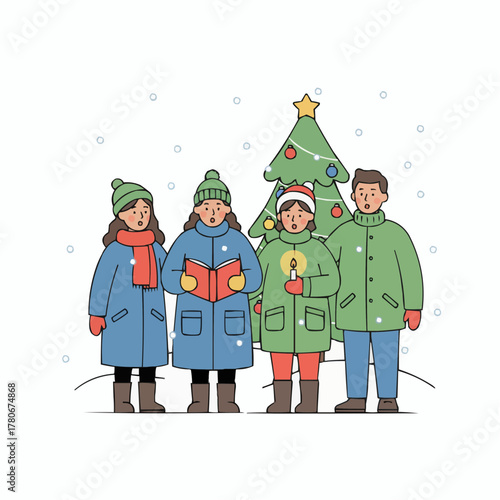 Happy family enjoying winter with Christmas tree cartoon illustration