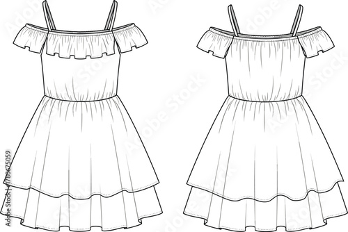 CAD Drawing Flat Vector Illustration of Tiered Off-Shoulder Dress with Ruffled Sleeves, Fitted Bodice, Shoulder Straps, and Flared Skirt
