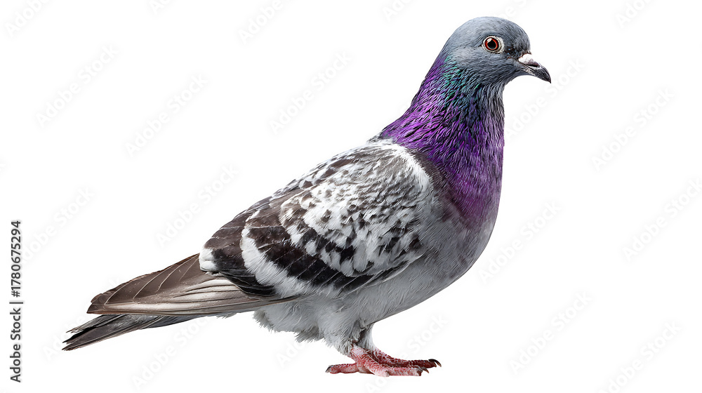 Fototapeta premium racing homer pigeon standing in profile, sleek feathers and posture, isolated on white background
