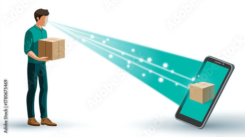 Courier sequence: scanning package, navigating entry, proof of delivery, realism, last mile, customer service, route, with copy space