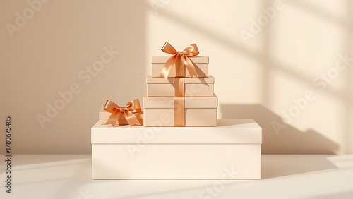 unboxing. Stylish packaged boxes with elegant ribbons, showcasing a luxury retail concept. pitch deck slides, case study pages, designed for brand storytelling and e-commerce strategy.