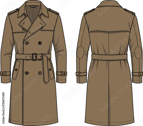 Classic trench coat fashion illustration, front and back view, technical sketch, belted outerwear, double-breasted design, garment template, retail reference