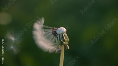 A close-up view of a dandelion puff, showcasing its delicate texture and natural beauty against a soft green background.