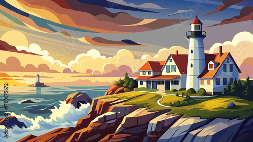 Very beautiful Portland Head Lighthouse at Cape Elizabeth, Maine, USA, standing on rugged coastal cliffs with waves crashing below, bright sky, and a realistic scenic New England landscape.