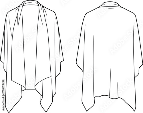 Draped cardigan fashion sketch, open front cape illustration, waterfall hemline, shawl collar design, technical garment drawing, outerwear template