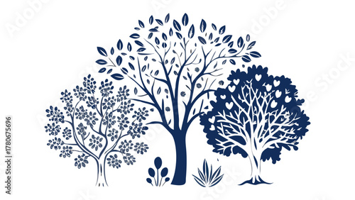 Serene Trio of Life: This image presents an elegant silhouette of three stylized trees, each adorned with intricate foliage, representing the tranquility of nature.