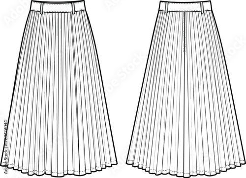 CAD Drawing Flat Vector Illustration of Two Long Pleated Skirts with Waistbands, Narrow and Wide Pleat Styles, Front View Fashion Sketch