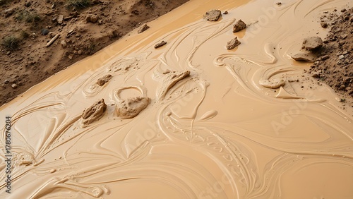 phonolite. Muddy slurry flowing down a hillside, creating viscous patterns in natural daylight. ESG reports, sustainability campaigns, designed for environmental awareness campaigns.