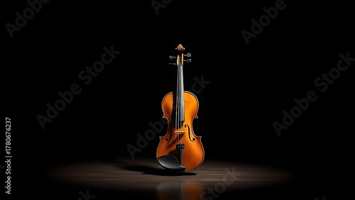 stasis. A single violin on a dark stage under a spotlight, showing wood grain. event programs, museum guides, designed for cultural heritage projects and event programs, supports education.