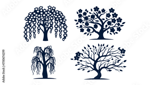 Botanical Silhouette Quartet: Four stylized botanical illustrations capture the elegance and diversity of the arboreal world in a captivating display of nature's artistry.