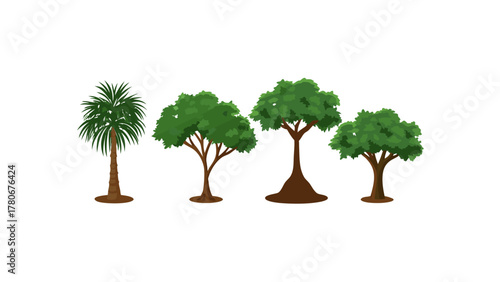 Variety of Trees in Nature: A collection of diverse tree specimens, each with unique leaf structures and trunk formations, stand against a subtle background.