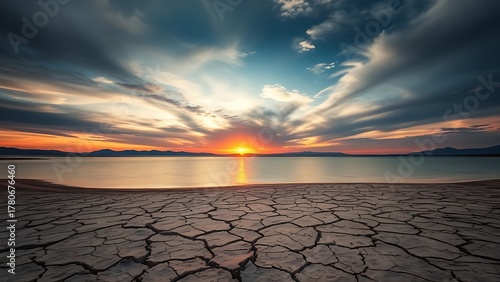 prologue. A receding lake shoreline with exposed cracked dry lakebed under a vast dramatic sunset sky. inspiring travel planning, ESG reports, designed for environmental awareness campaigns.