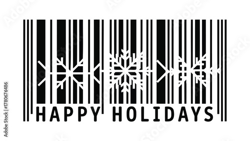 Happy holidays greeting with snowflakes integrated into a modern barcode design on white background