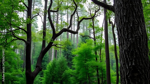 maltose. Forest with trees angled after a storm, green foliage and bark. ESG reports, sustainability campaigns, designed for environmental awareness campaigns, used by hr managers.