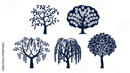 Diverse Trees Silhouette Collection: A visually stunning ensemble of stylized tree silhouettes, showcasing various tree types and forms, offering a minimalist yet captivating artistic impression.