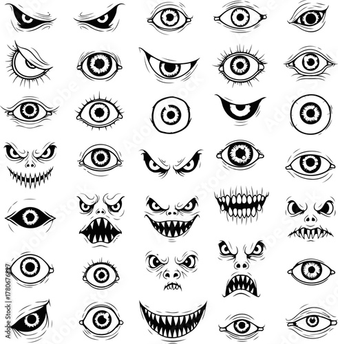 A collection of spooky and scary eyes and monster faces, handdrawn in a cartoonish style, isolated on white background