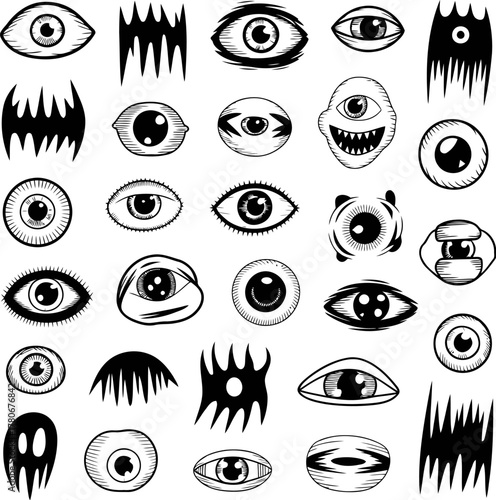 A collage of bizarre and unusual eyes and alienlike monster faces, drawn in a sketchy style, isolated on white background