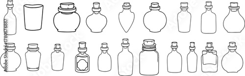 Collection of hand drawn glass bottles and jars isolated on white background