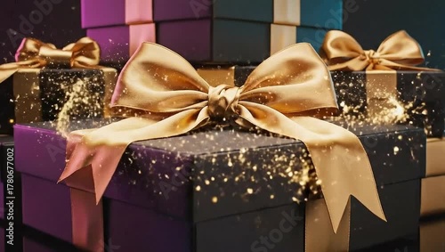 Elegant Gift Box Stack with Gold Bows and Glitter Sparkles Perfect for Festive Celebrations, Special Occasions, and Present Giving with a Luxurious Touch