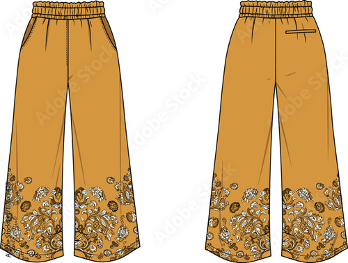 Wide leg pants, floral print trousers, mustard yellow fashion, technical flat sketch, elastic waist, casual wear, stylish garment illustration