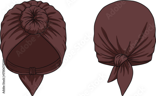Traditional headwrap front and back view, brown turban style, cultural fashion accessory, tied scarf, ethnic head covering, fabric wrap