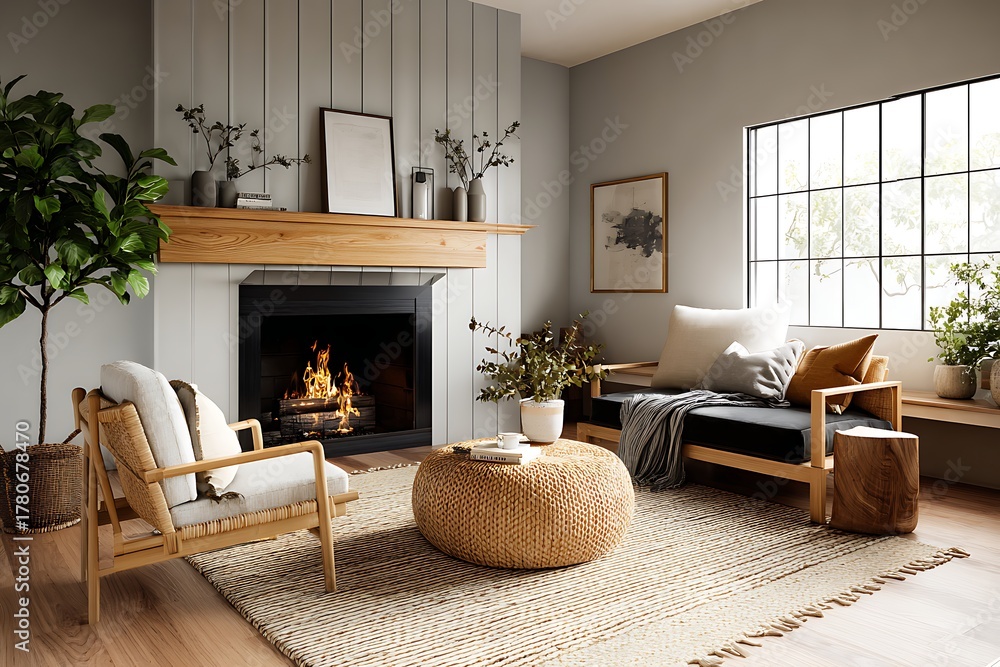 Fototapeta premium Cozy modern living room with wooden fireplace and ample natural light from large window