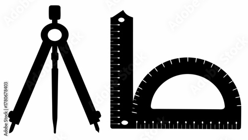 Illustration of a drawing compass, ruler and protractor used for geometric constructions and designs