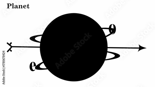 Illustration of a black planet with rings and arrows indicating direction of movement in space
