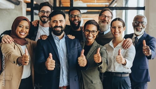 Diverse Business Team Smiling Confidently in Modern Office Showing Thumbs Up