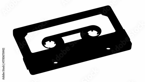 Illustration of a black and white audio cassette tape with two circular hubs and a rectangular window design