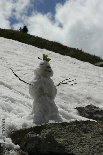 A lone snowman with arms made of twigs, eyes made of stones, hair made of grass leaves, and a mouth made of a stick stands on a mountain against a backdrop of snow and rocks, stones