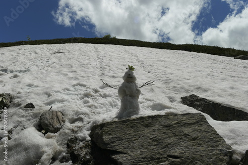 A lone snowman with arms made of twigs, eyes made of stones, hair made of grass leaves, and a mouth made of a stick stands on a mountain against a backdrop of snow and rocks, stones