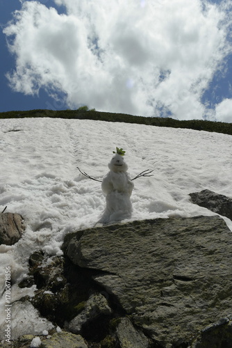 A lone snowman with arms made of twigs, eyes made of stones, hair made of grass leaves, and a mouth made of a stick stands on a mountain against a backdrop of snow and rocks, stones