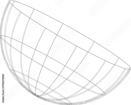 Abstract wireframe hemisphere grid structure representing a digital globe or sphere in a clean white background