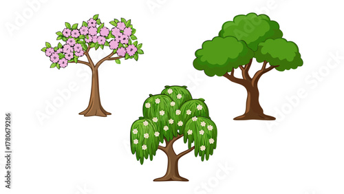 Tree Trio in Bloom: A vibrant display of three unique trees, each showcasing its distinct characteristics with lush green foliage, delicate blooms, and sturdy trunks.