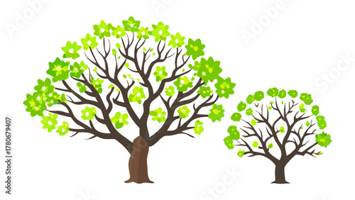 Vibrant Trees in Bloom: A pair of meticulously crafted tree illustrations stand side-by-side, showcasing their detailed branches and lush green foliage, presenting the essence of spring