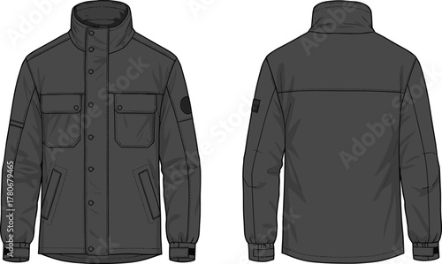 Dark outdoor utility jacket, front and back view, technical fashion sketch, long sleeve, high collar, buttoned pockets, casual menswear design
