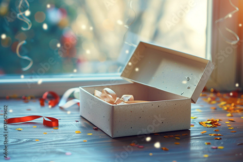 an open empty gift box on a wooden table, colorful wrapping paper and ribbons scattered around, soft natural light from a window, cozy warm atmosphere
