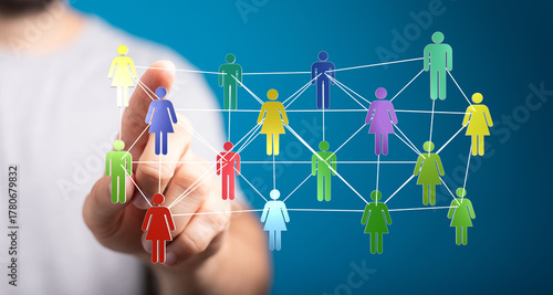 Concept of social networking, global communication and teamwork. Showing human figures connected together with lines. Represents business connec