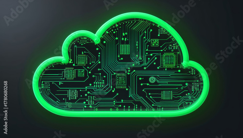 Cloud computing concept with circuit board design and glowing neon outline