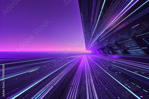Futuristic purple cityscape with neon lights and digital pathways