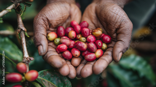 close-up of hands holding red coffee beans
