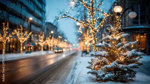 Wallpaper Mural Snowy city street with festive Christmas lights at night Torontodigital.ca