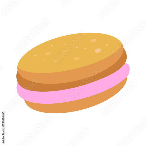 Delicious macaroon with pink filling isolated. Concept of delicious dessert and sweets. Simple flat vector illustration.