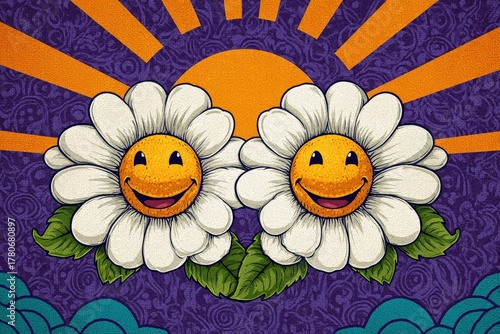 Two happy daisy flowers with smiley faces under sun rays on patterned purple background